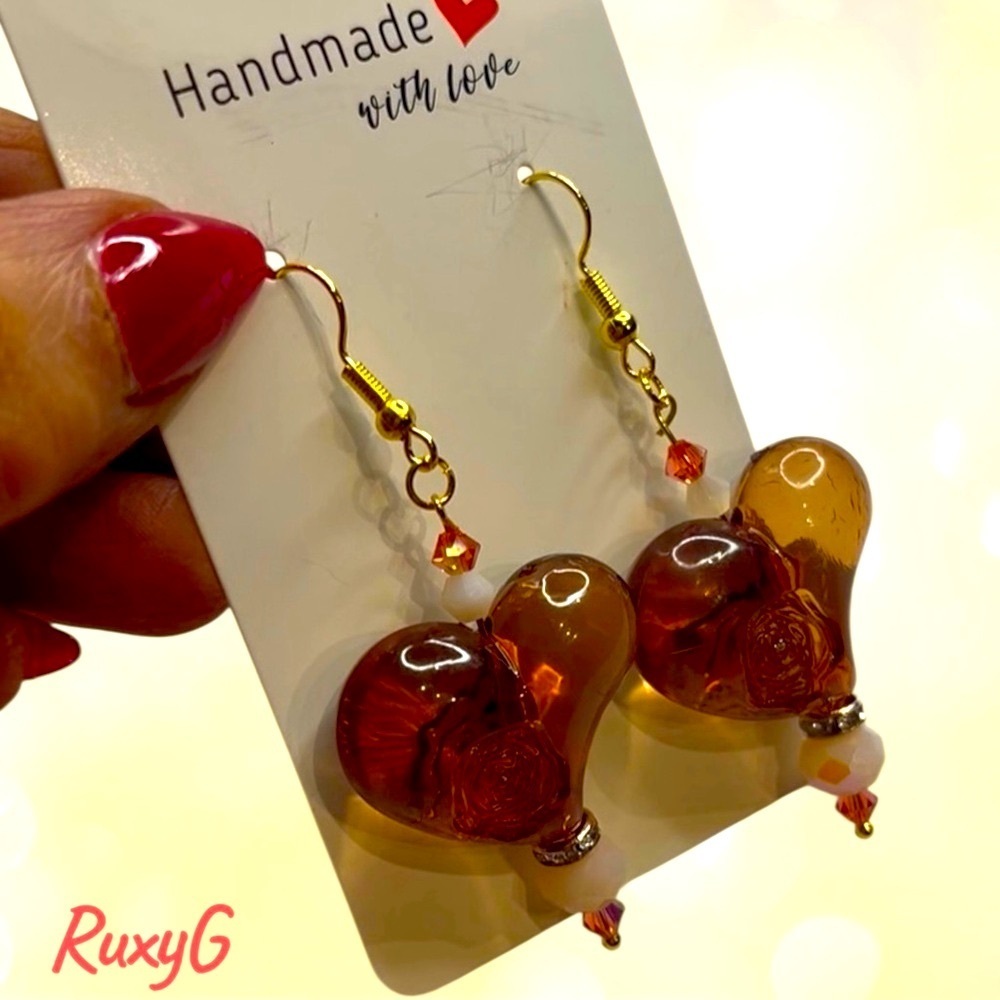 590. Handmade Heart Earrings - Gold and Brown W/ Padpatadsha Swarovski crystals